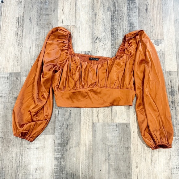 Abercrombie & Fitch Tops - Abercrombie & Fitch Rust Orange Satin Ruched Balloon Sleeve Crop Top | Size XL